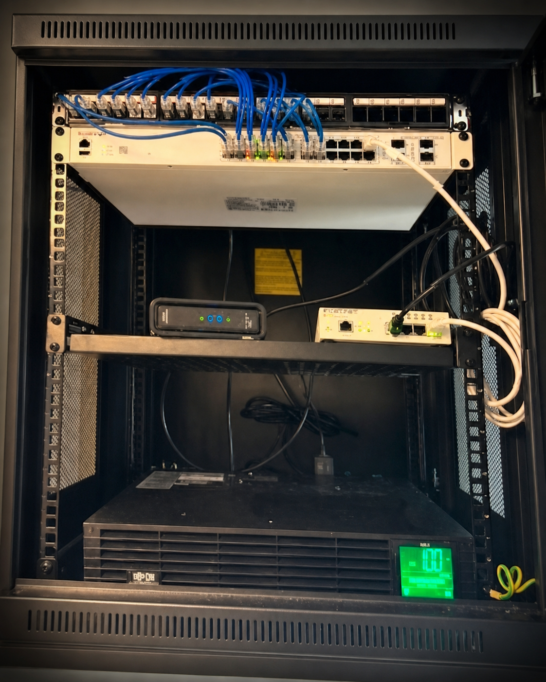 Network hardware organized inside a professionally mounted cabinet